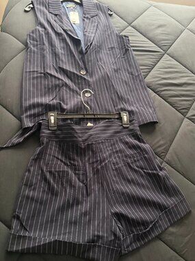 Navy Pinstripe Power Set - Vest & Shorts